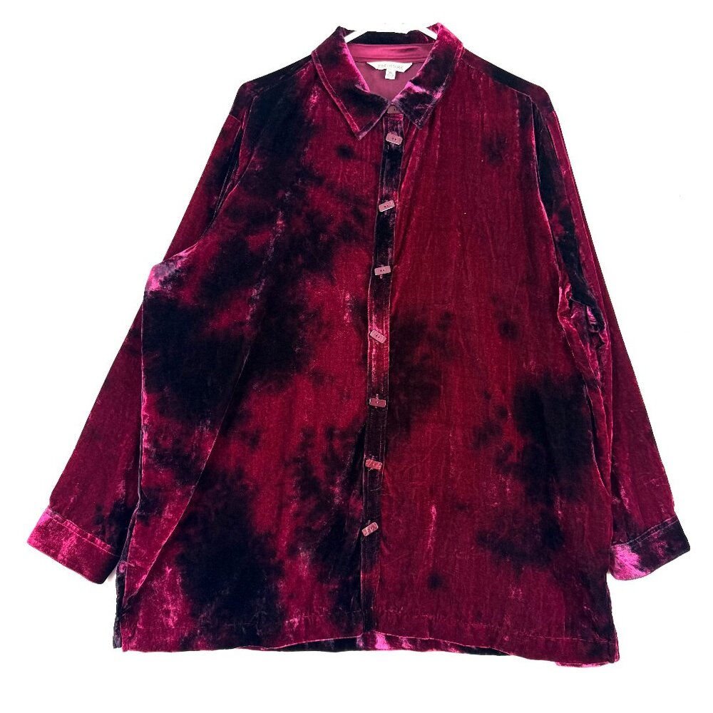 JOHN MARK Velvet Whimsigoth Holiday Button Front Tunic Blouse XL Red Burgundy